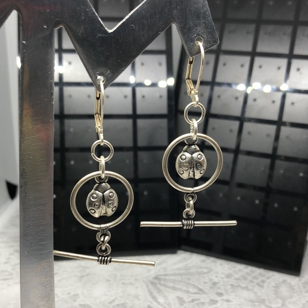 Vintage silver tone fun lady bug long statement earrings